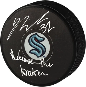 Yanni Gourde Seattle Kraken Signed Hockey Puck with "Release The Kraken" Inc - Picture 1 of 3