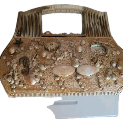 Bolsa de vime vintage palha mundo hialeah florida beleza feita à mão conchas de vida marinha - Imagem 1 de 4