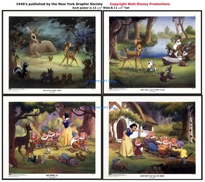 WALT DISNEY винтажный набор из 4 шикарный BAMBI и SNOW WHITE литографии - 1947 новом - Изображение 1 из 4