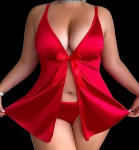 Red Second Skin Satin Open Front Babydoll Nighty & Thong Lingerie Set 4XL NEW - Picture 1 of 5