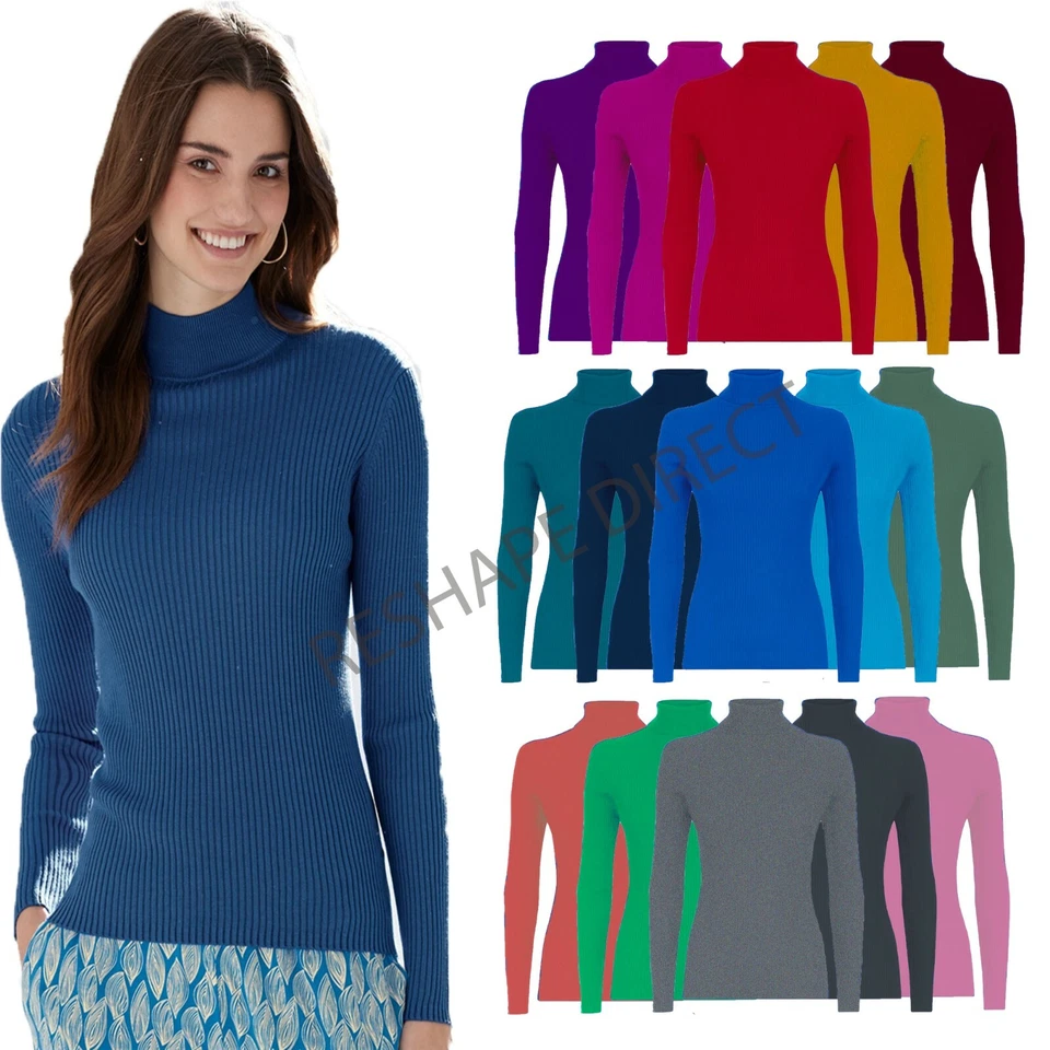 Women Ladies High Roll Polo Neck Knitted Ribbed Jumper Sweater Top UK - Image 1 of 1
