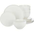 12 Piece Dinner Set White Porcelain Textured Embossed Alumina Rim Plates Bowls