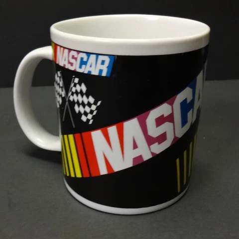 Official NASCAR 2003 12 oz Coffee MUG Rainbow Checkered Flag Racing Logo Cover