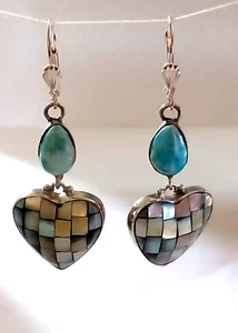 LARIMAR and Mosaic ABALONE HEART SHAPED EARRINGS Sterling Silver .925 AAA+ NEW! - Picture 1 of 10