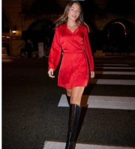 Cloth & Stone Red Satin True Wrap Dress size XL NWT Long Sleeve Knee Length - Picture 1 of 11