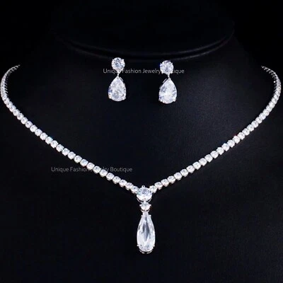 18k Platinum Plated Tennis Necklace Earrings made w Swarovski Crystal Bridal Set - Image 1 of 4
