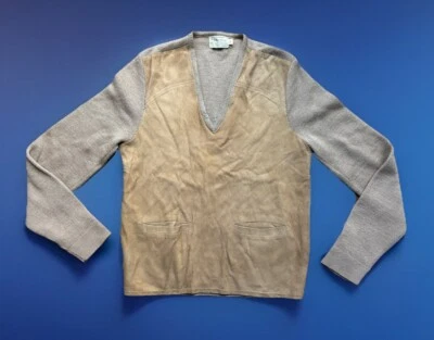 1950s Men’s Suedeover By Himalaya Suede/wool Sweater.FLAWS.small/V -neck  - Image 1 of 4