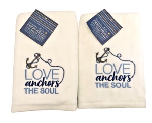Love Anchors The Soul Hand Towels Embroidered Beach Summer Nautical Set of 2 - Picture 1 of 12