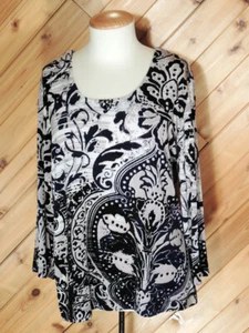 Chicos Travelers Navy Black Gray Scoop Neck Long Sleeve Tunic Top 2 M 10/12 - Picture 1 of 3