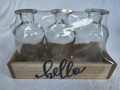 3 botellas de vidrio y portador de madera con la palabra hola, decoraciones de granja Foto 1 de 4