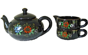 Vintage Teapot Creamer Sugar Bowl Set Made Japan Black Gold Trim Embossed Floral - Picture 1 of 10
