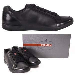 ZAPATILLAS NUEVAS PRADA LINEA ROSSA para Hombres Negras Todo Cuero Rojo Logo Line-A EE. UU. 8/8.5 - Imagen 1 de 12