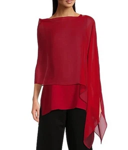 Eileen Fisher Sheer Silk Georgette Boat Neck Asymmetrical Wrap Poncho Scarf RED - Picture 1 of 7