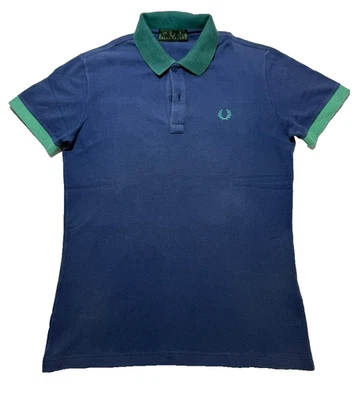 FRED PERRY MUJER POLO AZUL CON RIBETE VERDE BORDADO LAUREL TALLA S - Imagen 1 de 4