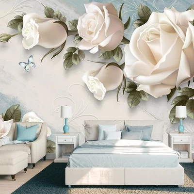 Floral Wallpaper 3D White Rose Butterfly Wall Mural Wallpaper for Bedroom Liv... - Image 1 of 4