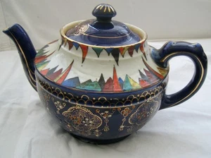 1920-41 ART DECO POTTERY TEAPOT “TT HANDPAINT MADE IN JAPAN” RED/YELLOW/ORANGE/B - Picture 1 of 8
