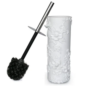 White Floral Branches Design Resin Toilet Bowl Brush and Holder Set Elegant B... - Picture 1 of 7