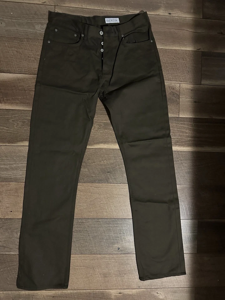 Jeans de mezclilla con ribete verde militar hechos en California Gustin #567 talla 36 Foto 1 de 4