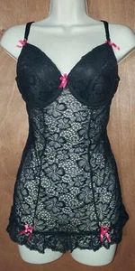 Dreamgirl Size L Black Lace Sheer Nightgown W/Hot Pink Bows Sexy Hot Flirty - Picture 1 of 7