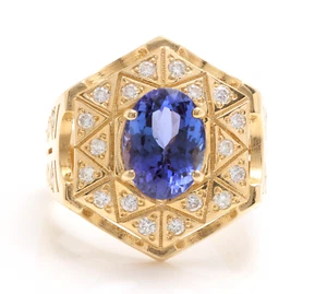 5.35Ct Natural Tanzanite and Diamond 14K Solid Yellow Gold Men's Ring  - Picture 1 of 3
