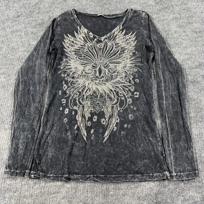 VTG Y2K Women's Sexy Affliction Style Black Wings Cyber Goth Beaded Shirt Large - Image 1 of 4