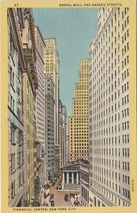 Postcard Financial Center New York City Broad Wall and Nassau Streets Linen - Picture 1 of 2
