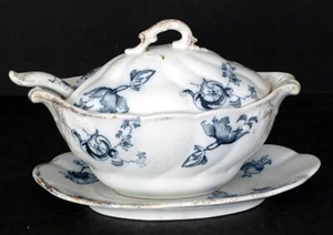 GRINDLEY Antique FLOW BLUE Transferware MARSEILLES Platter GRAVY TUREEN Ladle - Picture 1 of 8