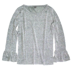 J Crew - Womens L - NWT - Silver Gray Sparkle Bell Sleeve Glitter Tee/Knit Top - Picture 1 of 3