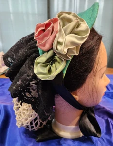 Green 100% Wool Dinner Bonnet with Ribbon Roses Civil War Reproduction Hat - Picture 1 of 7
