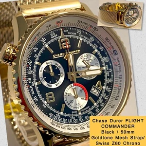 50mm Black FLIGHT COMMANDER Goldtone Mesh Band Swiss Z60 CHASE DRUER Mens Watch - Picture 1 of 12