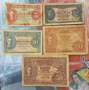 British Malaya 1941 Bank Notes George vi 50,20,10, & 5 Cent - Picture 1 of 4