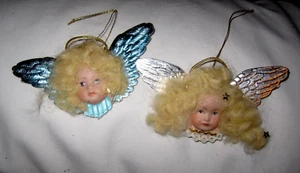 2 statuine vintage angelo bambola viso dipinto ali fustellate blu e argento ornamento natalizio - Foto 1 di 6