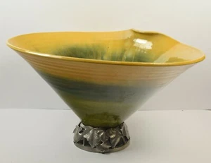 Beautiful Conical Shape Dripware Studio Pottery Bowl on Pewter Leaf Stand - Picture 1 of 4