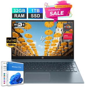 HP Laptop Computer 15.6" 8-Core AMD Ryzen 7 32GB RAM & 1TB SSD Office 2024 PRO - Picture 1 of 9
