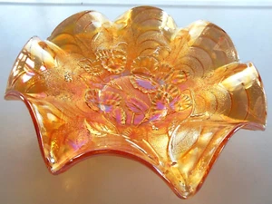 Imperial Glass Iridized Marigold Carnival Pansy 9 1/4" Ruffled Bowl - Picture 1 of 11