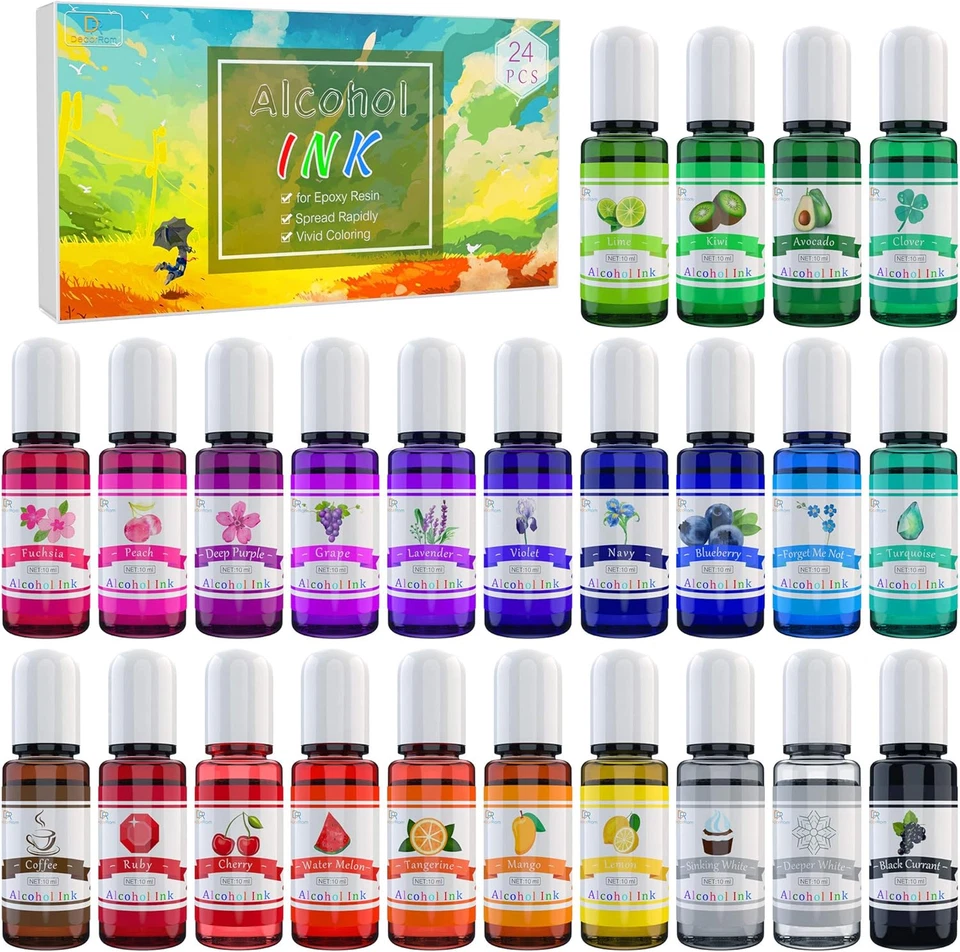 Alcohol Ink Set - 24 Vibrant Colours Alcohol-based for 24 Bottles X 10ml