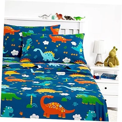  - Dinosaur Bed Sheets for Boys, 100% Cotton, 4-Piece Sheet Set Kids, Full Navy - Image 1 of 4