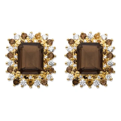 Pendientes halo chapados en oro circonita cúbica y topacio ahumado genuino talla esmeralda de 10,31 TCW Foto 1 de 3