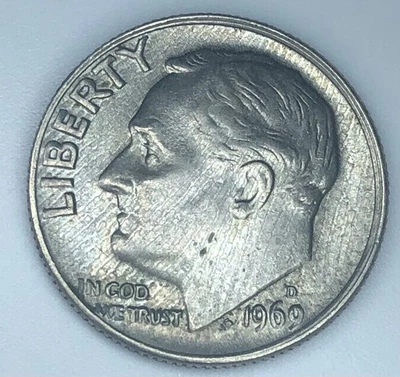 1969 D ROOSEVELT DIME DOUBLE DIE DATE/DOUBLE DIE FLAMES** - Image 1 of 2
