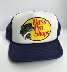 Vintage 80's Bass Pro Shops Blue Snapback Rope Trucker Fishing Logo Mesh Cap Hat - Picture 1 of 6