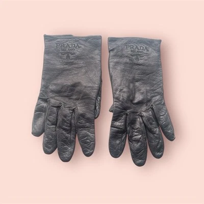 Prada Leather Lambskin Black Women’s Gloves Logo Heavily Worn - Image 1 of 4
