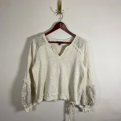 Democracy Women's Cream Fleece Sweater Sm Boho Floral Embroidery Drawstring Cozy - Image 1 of 4