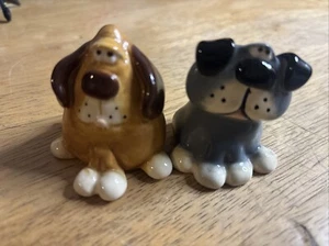 Russ Berrie Set of 2 Ceramic Dog Trinket Dish/Figurine Grey/Brown Signed Douglas - Picture 1 of 7