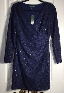 Abito Lauren Ralph Lauren blu navy paillettes pizzo avvolgente manica trasparente foderato festa glam 8P - Foto 1 di 24