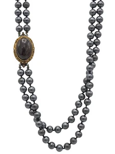 VTG SPAIN MAJORICA BLACK IRIDESCENT PEARL NECKLACE+ LARGE IRON TIGER'S EYE CLASP - Picture 1 of 21