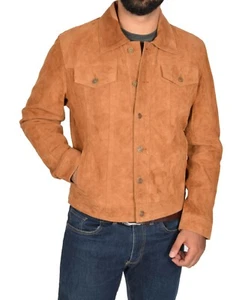 Mens Real Soft Goat Suede TAN Jacket Trucker Western Denim Style Slim Fit Coat - Picture 1 of 6