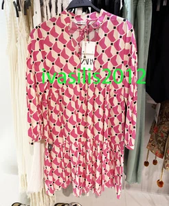 ZARA NEU DAMEN KURZES BEDRUCKTES KLEID RÜSCHENSAUM FUCHSIA XS-XXL 2183/048 - Bild 1 von 7