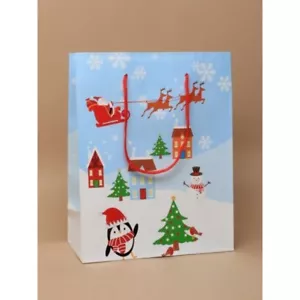 NUOVA singola scena natalizia lucida confezione regalo borsa bomboniera 23x18x9cm famiglia Natale - Foto 1 di 1