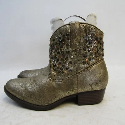 Botas de tornozelo femininas FRYE Deborah cravejadas tamanho 5 B couro dourado com zíper - Imagem 1 de 4