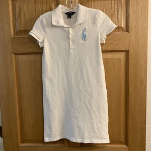 Polo Ralph Lauren weiß Baumwolle Netz Kleid Mädchen Größe L 12-14 - blau Pony - Bild 1 von 6